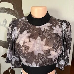 Sheer Black Floral Mesh Crop Top with High Neck